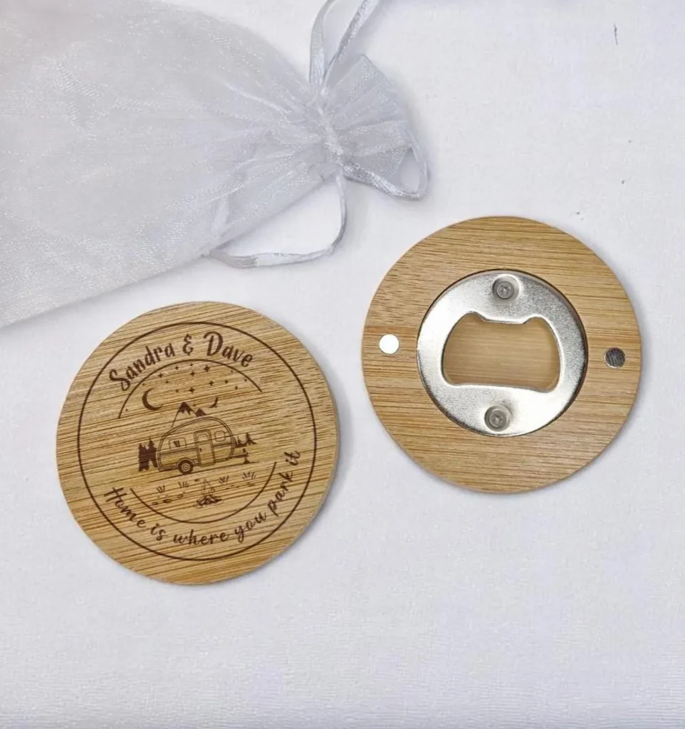 Wodden bottle opener with camper graphics.