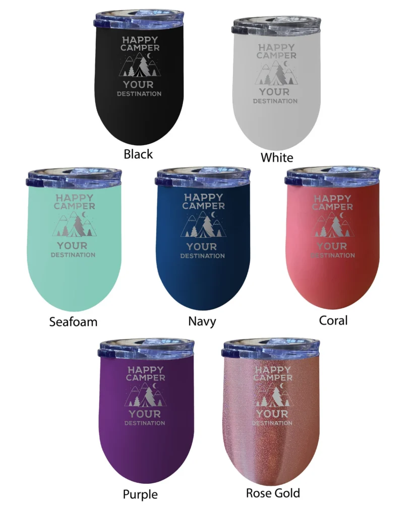 Happy camper wine tumblers in a variety of colors