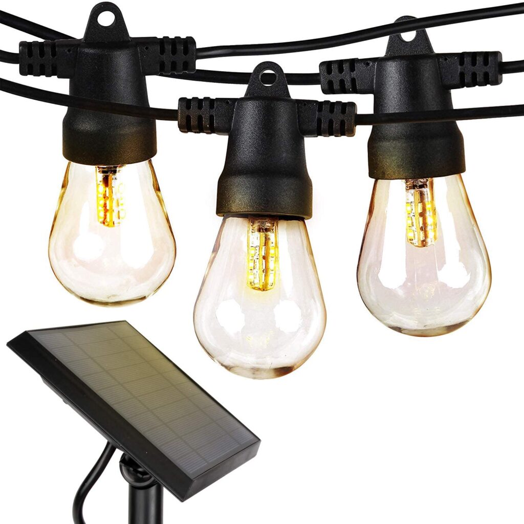 Outdoor string lights with solar panel