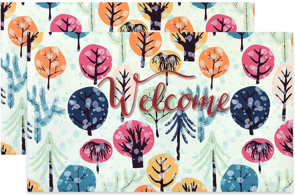 Rubber Welcome Mat with Colorful Tree Print