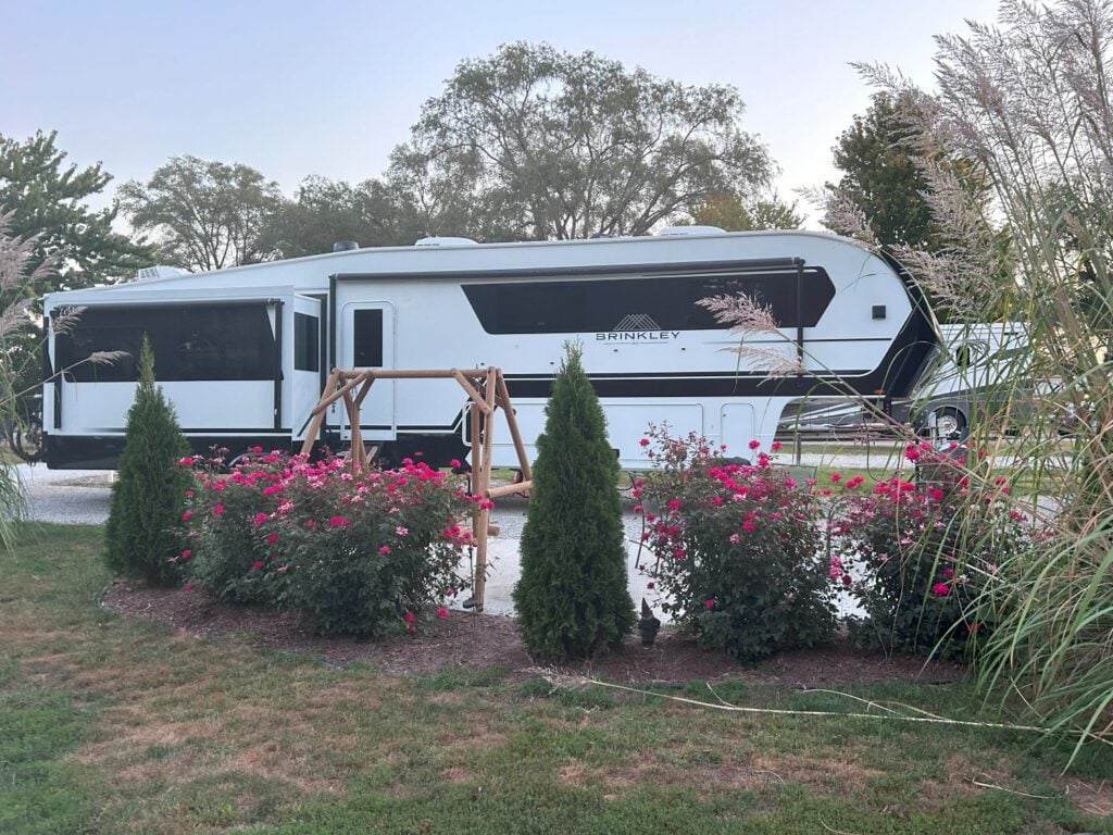 Luxury RV campsite with pink flowers