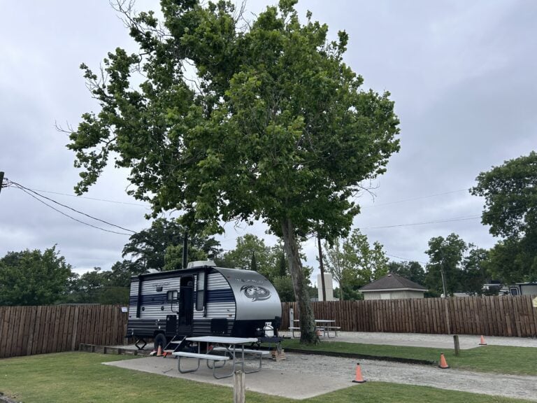 Travel trailer RV with essenital gear at campsite.