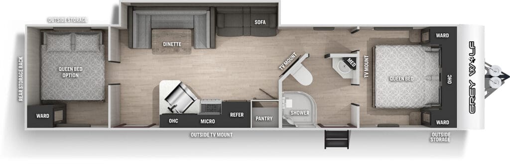 Travel Trailers with Two Queen Bedrooms: Grey Wolf 29QB