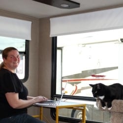 RV Modifications for Cats Woman at Desk with Cat and Cat Condo in an RV