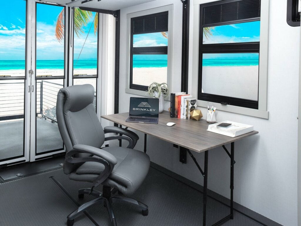 Brinkley toy hauler RV garage and patio.