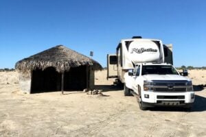 RV parked on beach in Baja.