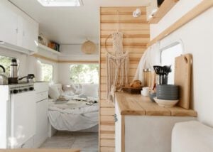 RV with white and wood renovated interior