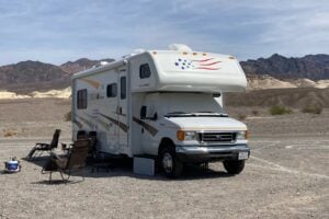 RV parked in lot.