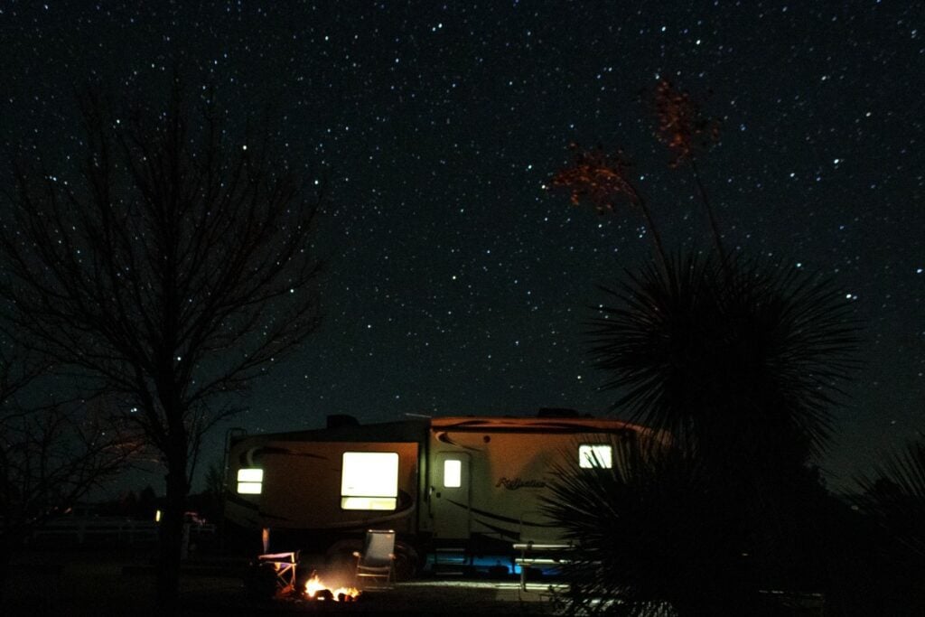 RV at night with starry sky