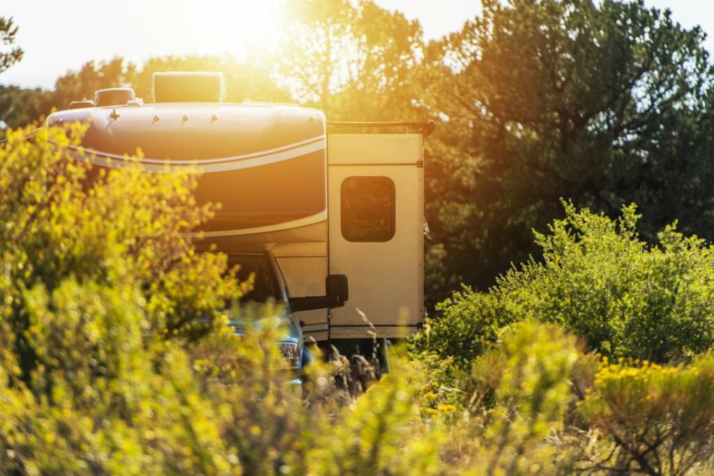 RV parked in boondocking campsite behind bushes