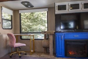 Office and living space inside an RV.