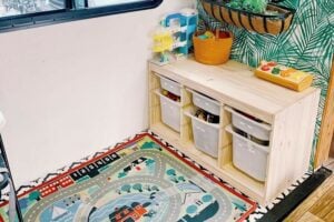 Kids' play area inside a renovated RV.