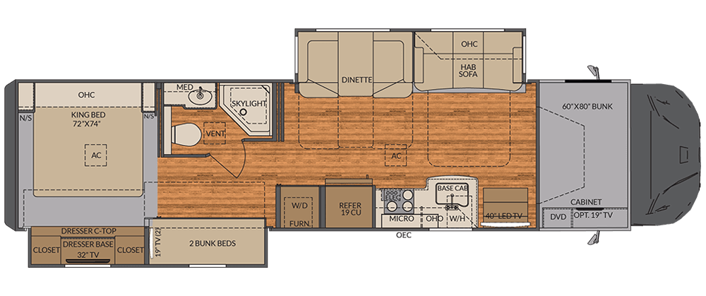 Class C RVs with Tables and Chairs: Valencia 38BB floor plan diagram.