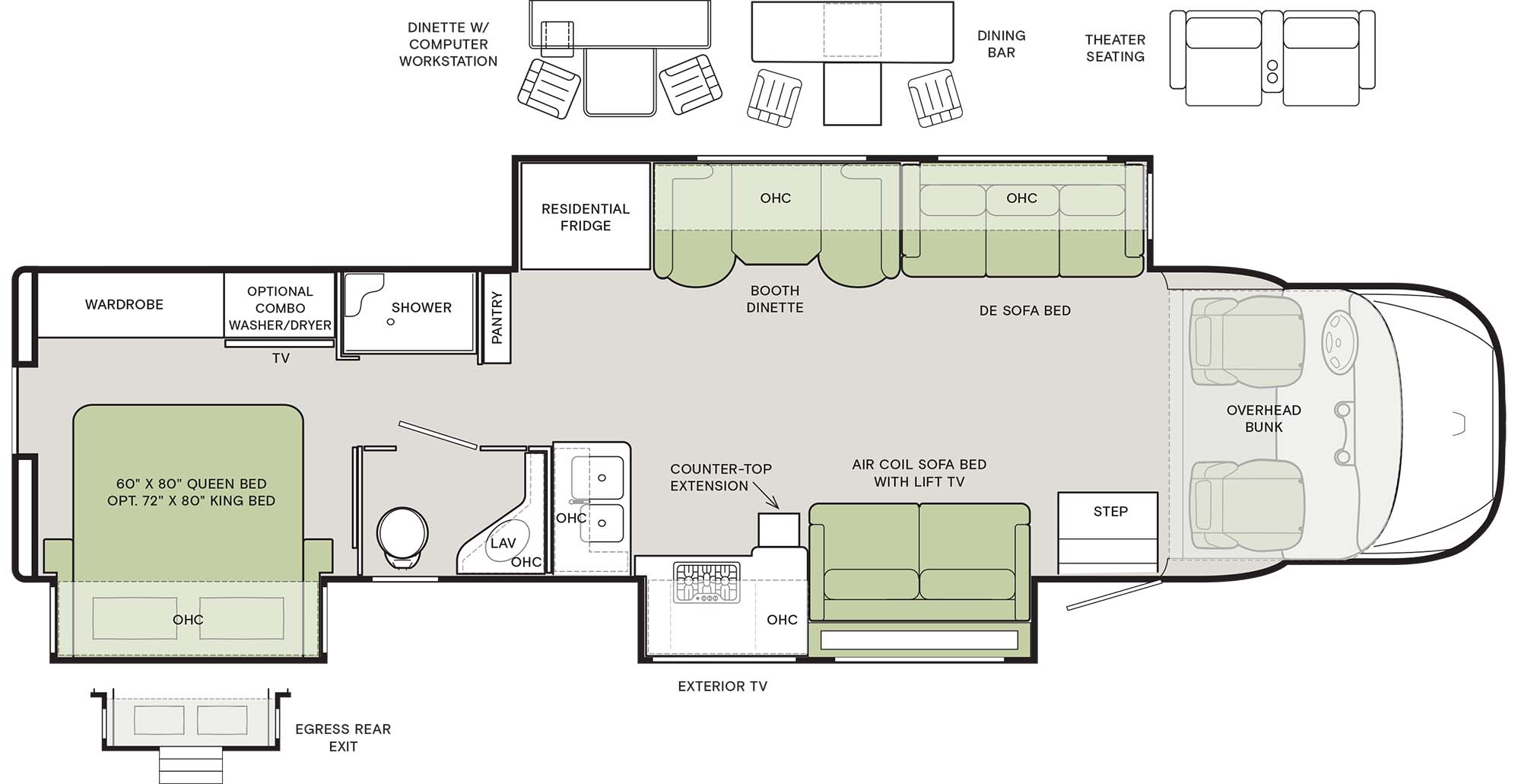7 Class C RVs with Tables and Chairs (No Bulky