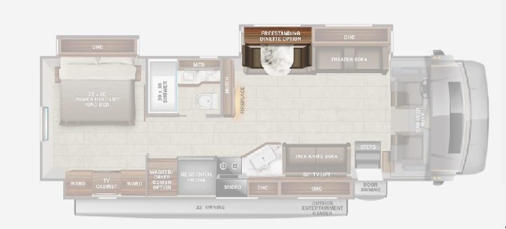 Class C RVs with Tables and Chairs: Seneca 37M floor plan diagram.