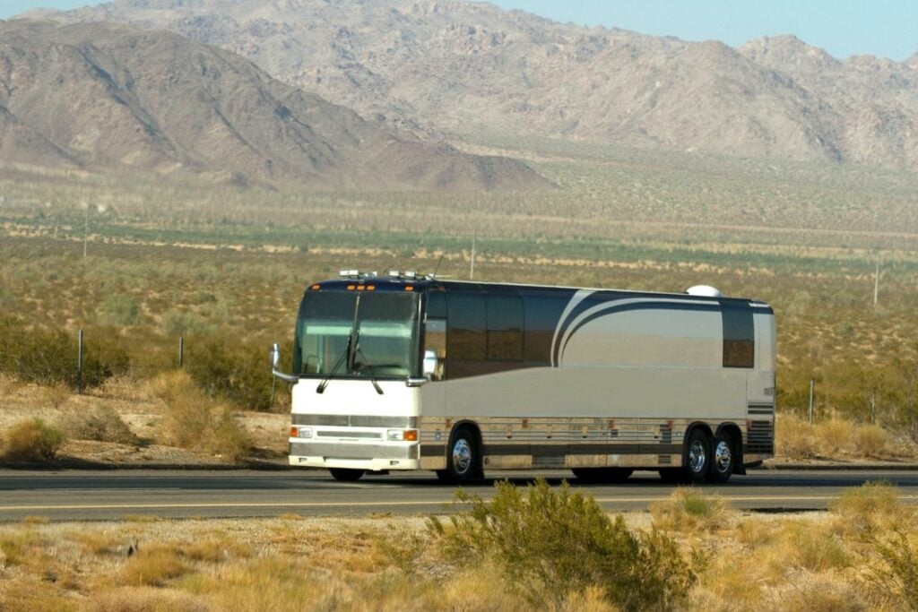 Class A RV driving down the road.