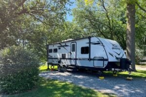 Travel Trailer parked at Beacon Hill one of the best adult only campgrounds.