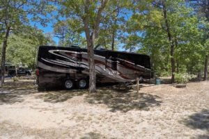 Wooded RV campsite.