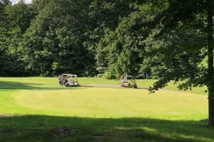 Golfs by golf carts near green.