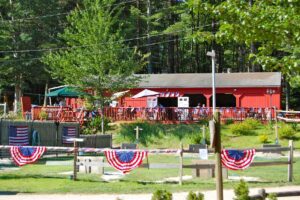 Snack bar decorated for Independence Day at campground.