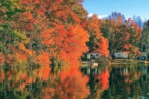 New England RV park on lake surrounded by trees with orange leaves.