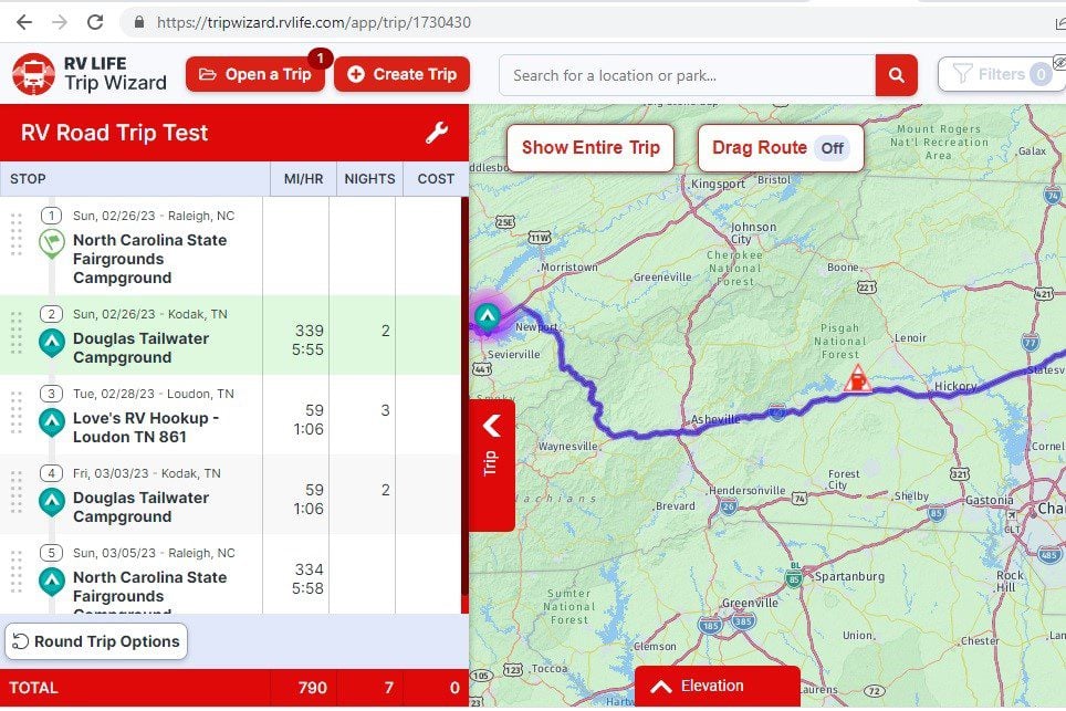 Screenshot of RV LIFE Pro's RV Trip Wizard