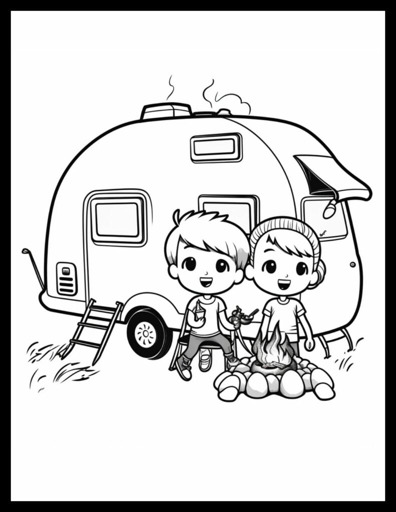 Coloring Page of Kids, Camper and Campfire