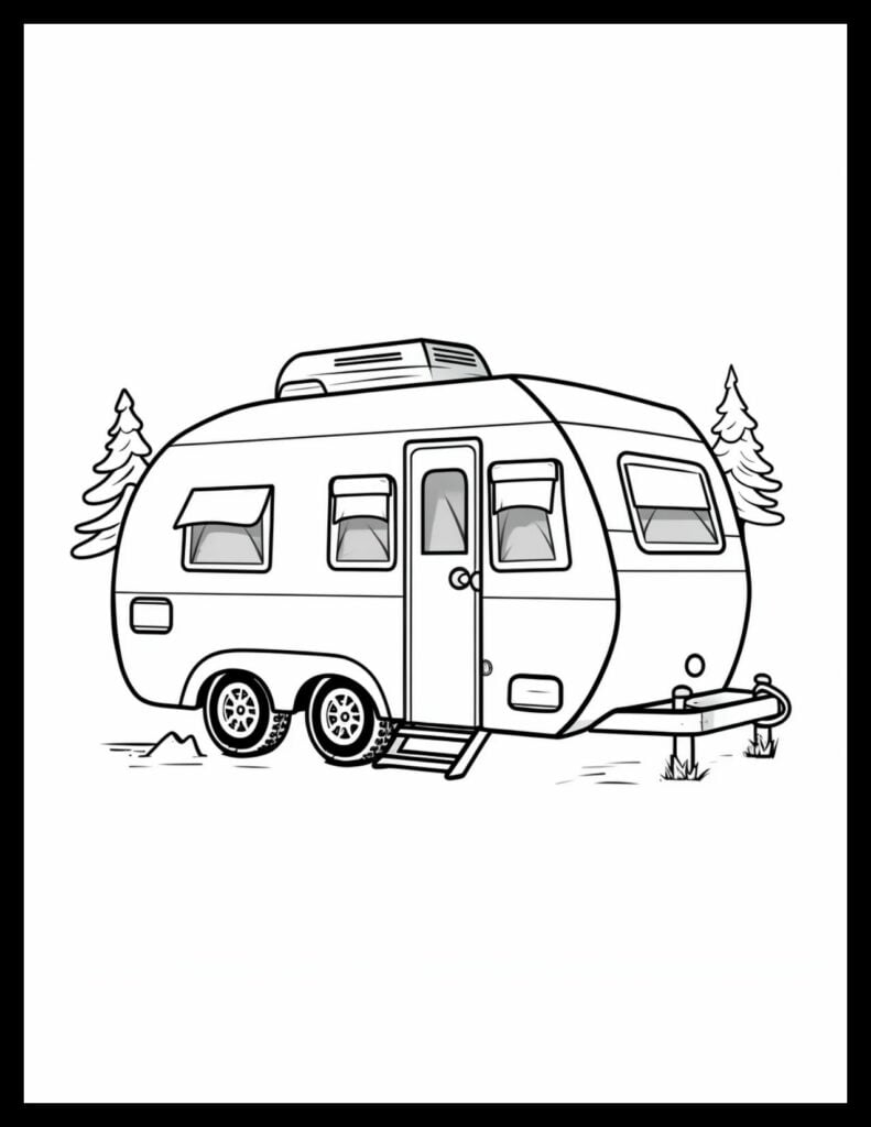 Camper Coloring Page with Trees