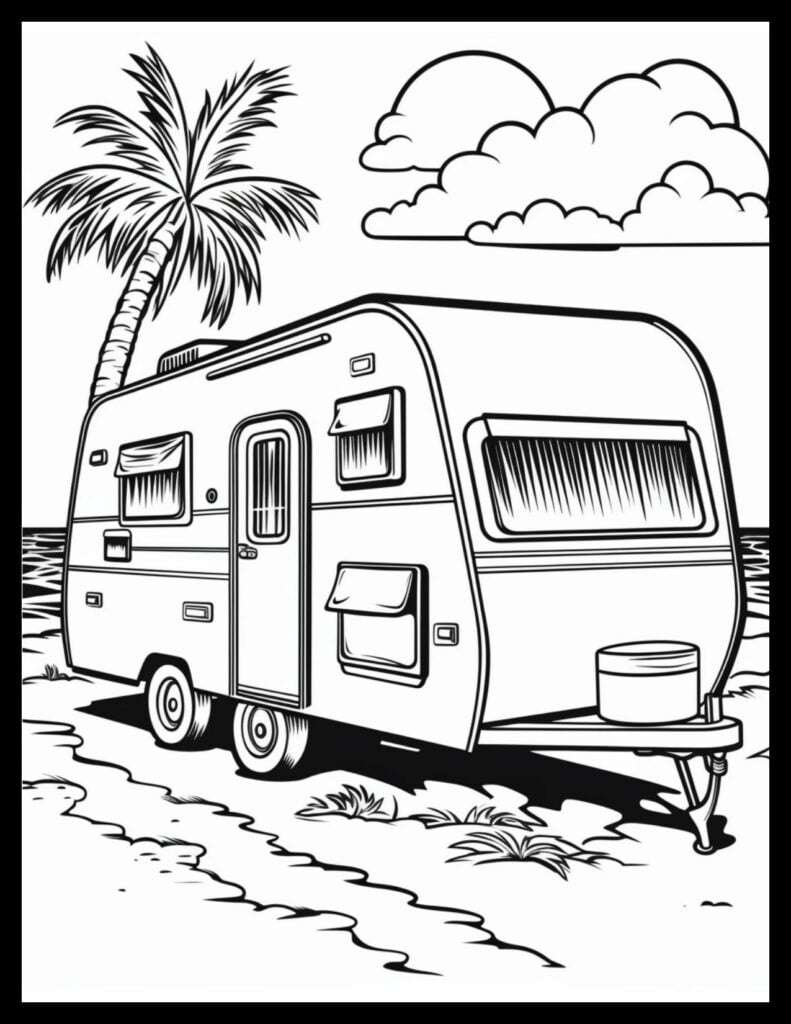 Travel Trailer Coloring Page with Beach Scene