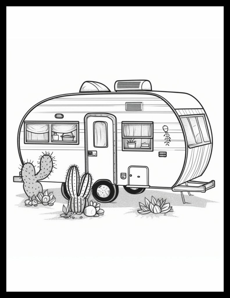 Travel Trailer Coloring Page with Desert Scene