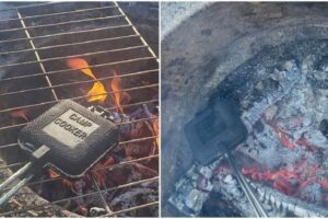 Cooking camping tacos with a pie iron.