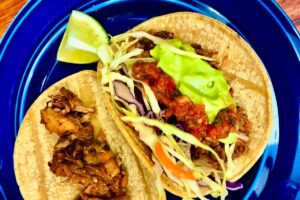 Vegan camping tacos on blue plate