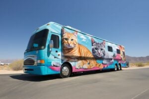 RV with custom wrap featuring cats.