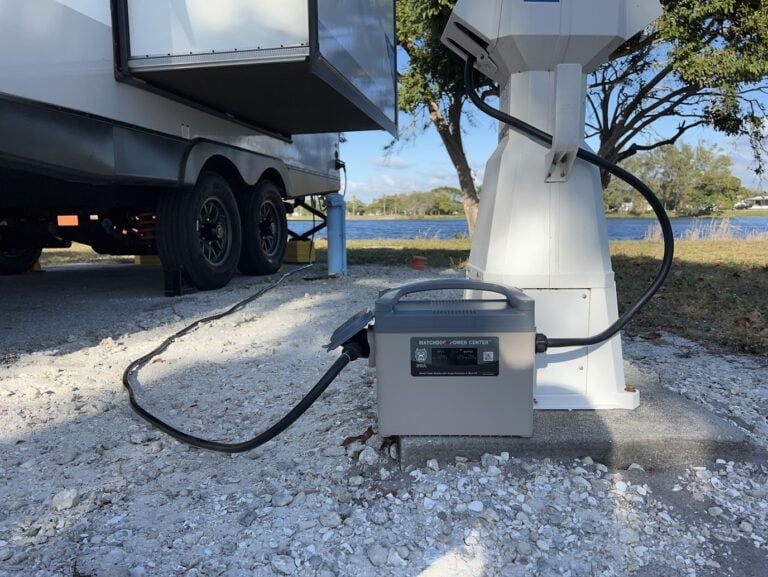 Watchdog Power Center RV surge protector plugged in at lakefront campsite