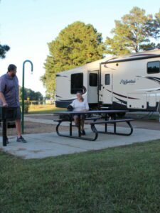 Full time RV living couple at campsite