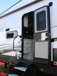 Keystone fifth wheel parked at RV show.