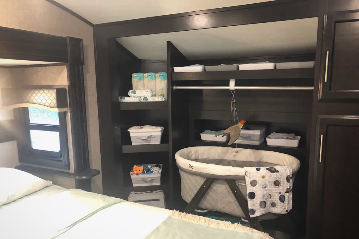 RV closet converted in a nursery.