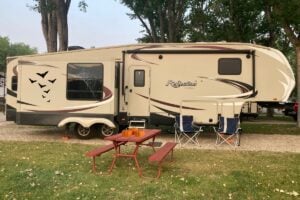 RV camper with Halloween decorations