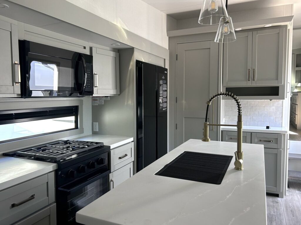 Kitchen in a Brinkley Model Z fifth wheel.