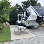 Fifth wheel RV at luxury RV resort campsite.