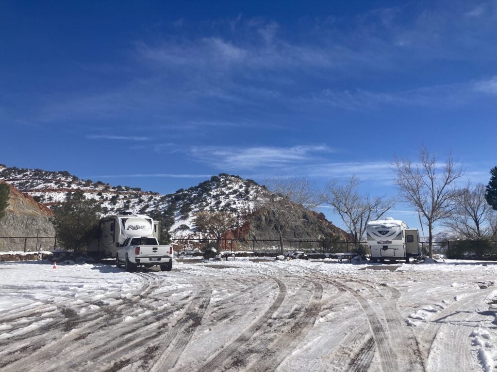 Snowy frozen RV park.