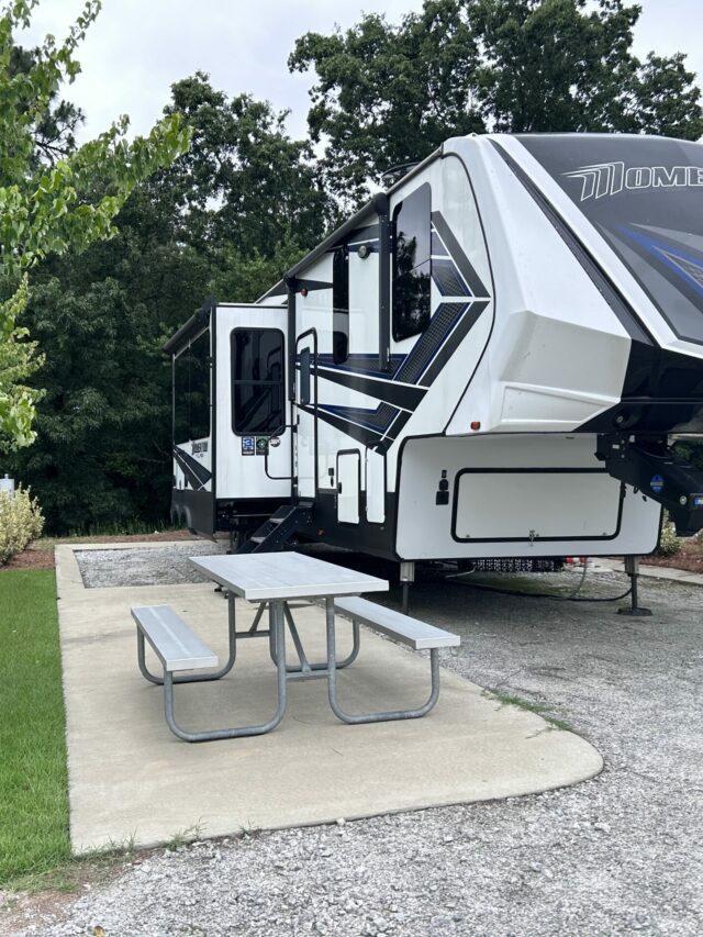 Fifth wheel RV at luxury RV resort campsite.