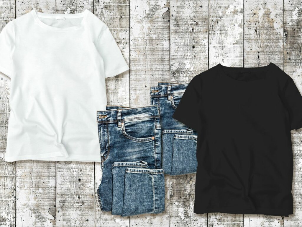 Solid t-shirts and jeans for capsule wardrobe.