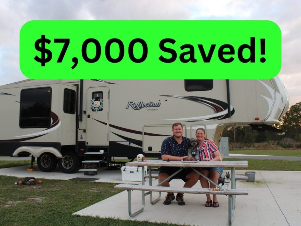 Couple at Thousand Trails campsite with text highlighting savings.