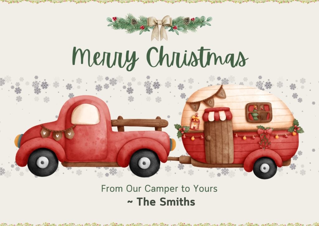 RV Christmas card with red camper and pickup truck.