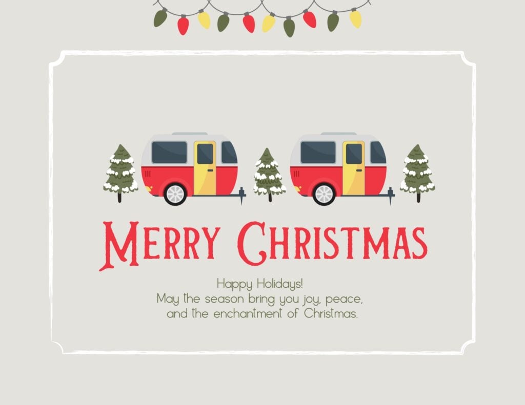 RV Christmas card with red campers. 