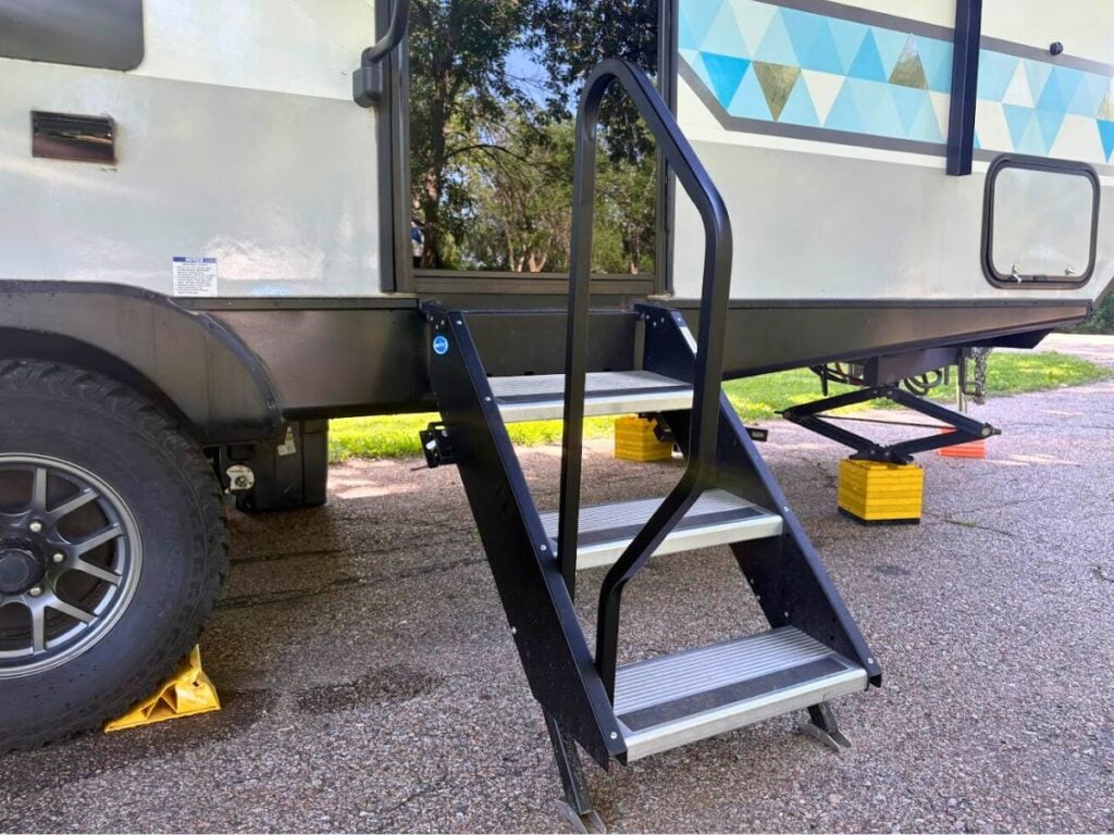 RV stairs with upgraded handrail installed