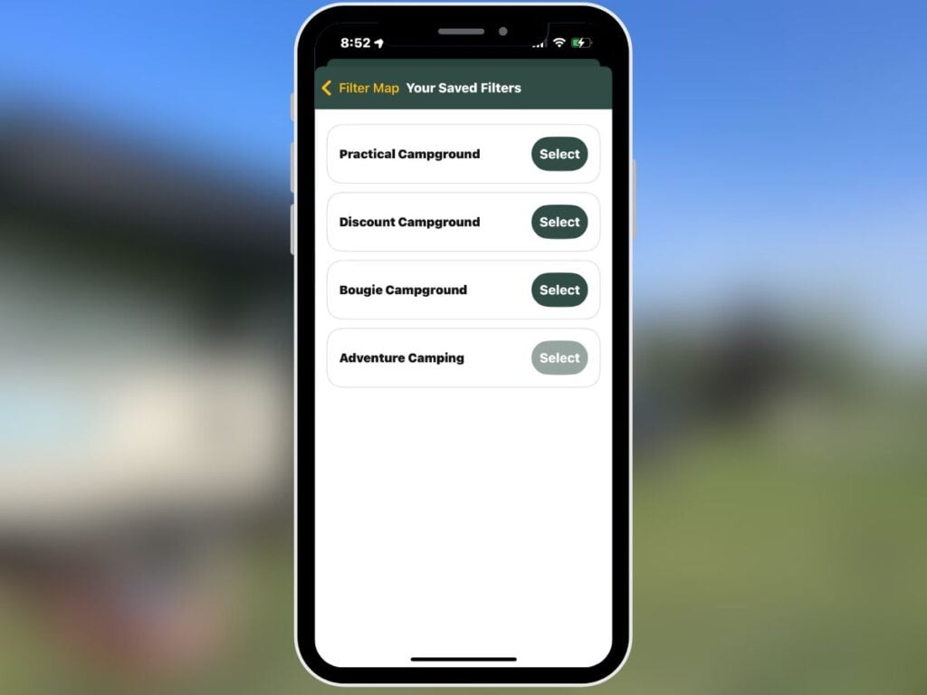 Filters in Allstays Camp and RV app