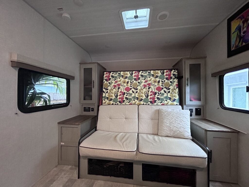 Interior of RV with two windows in view