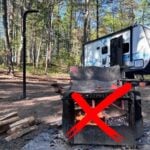 RV campsite with campfire. Red X over campfire.